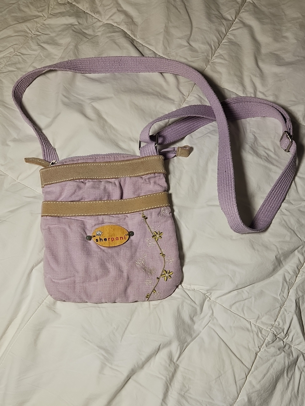 Sherpani Lavender Crossbody Bag with Tan Trim